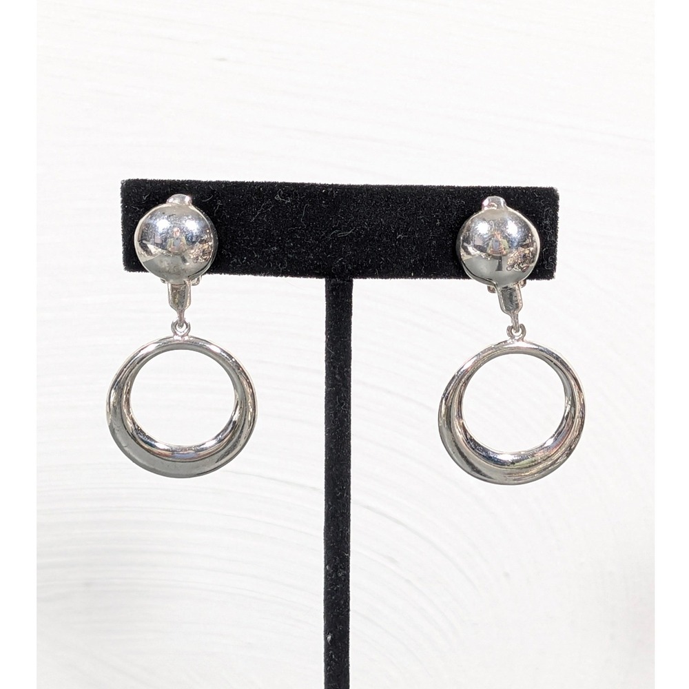 Vintage 925 Sterling Silver Circle Drop Clip‎ Earrings Modernist Dangle